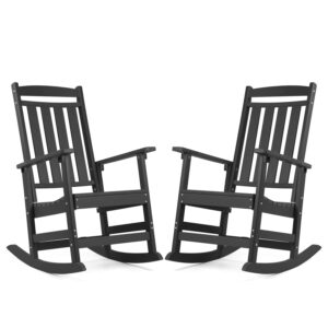 foowin outdoor rocking chair set of 2, high back patio rocking chair, hdpe all weather resistant porch rocker for adult, oversized rocking chairs for garden, lawn, indoor & outdoor use, black