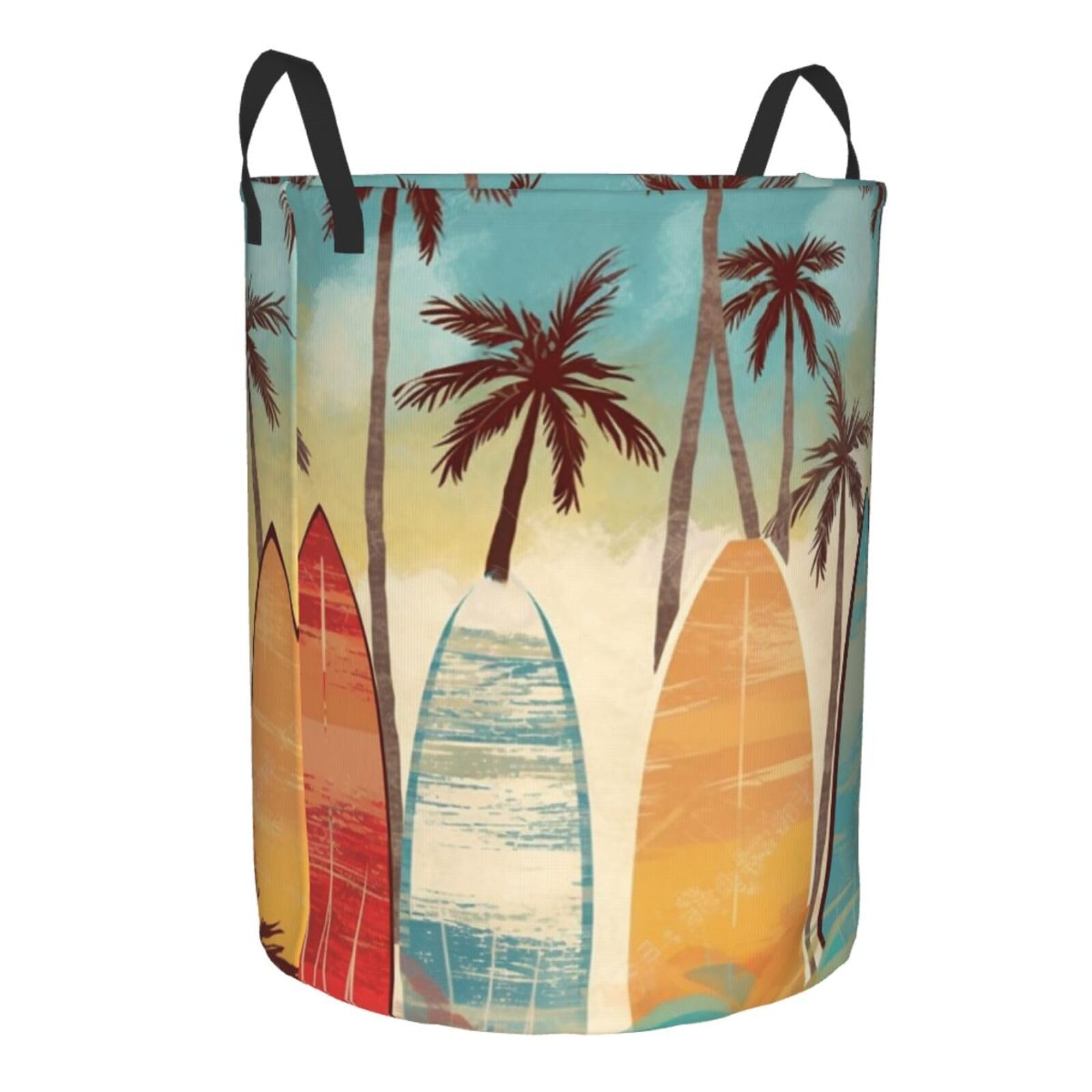 Surfboard Palm Tree Print Laundry Basket Waterproof Laundry Hamper With Handles Large Dirty Clothes Hamper For Dorm Family Travel Medium