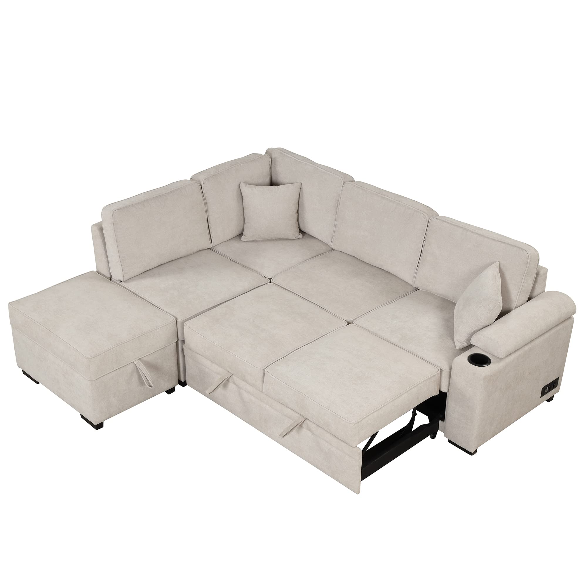 2 in 1 Pull Out Sleeper Sofa L-Shape Sofa, Sectional Sofa Bed Corner Couch with Storage Ottoman & Cup Holder & USB Charge for Living Room (Grey)