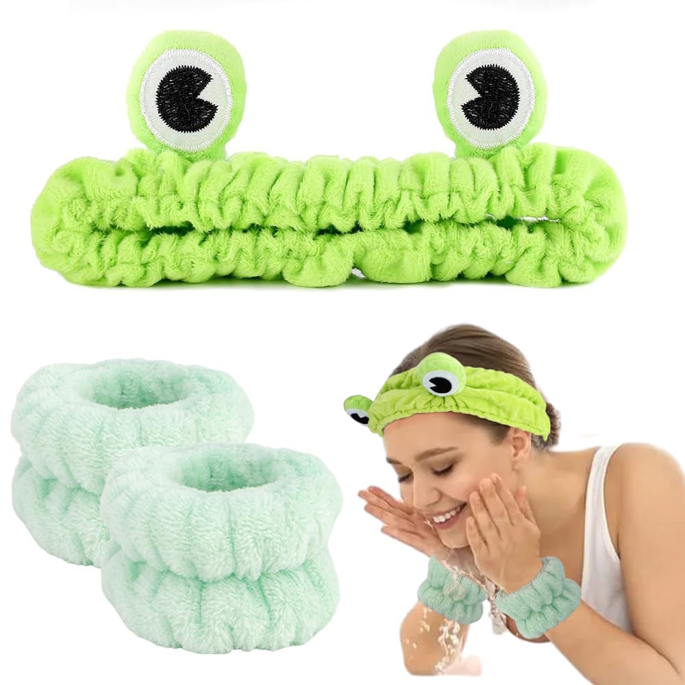 AHONEY Frog Headband Skin care Headbands and Wristbands Cute Spa Wrist Band Fluffy Hand Cuffs Women Girls Kids Facial Makeup Accessories Costume Party Supply Birthday Gift (Frog)