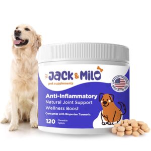 supplement anti inflammatory for dogs with turmeric, hip, and joint - dog arthritis pain relief, support for mobility & wellness, usa made-gmp certified, non-gmo, 120 tablets - jack & milo