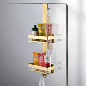 Hiendure Shower Caddy Over Shower Door, Gold Brushed, 2 Tier Shower Hanging Shelf Storage Organizer with Hooks No Drilling for Indoor Shower, Bathroom, Bedroom, Kitchen