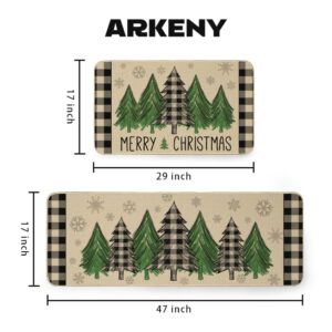 ARKENY Christmas Kitchen Rugs Set of 2, Non-Slip Absorbent Door Mats, Winter Snowflakes Xmas Tree Decorative Kitchen Floor Mat 17x29 and 17x47 Inch AKM004