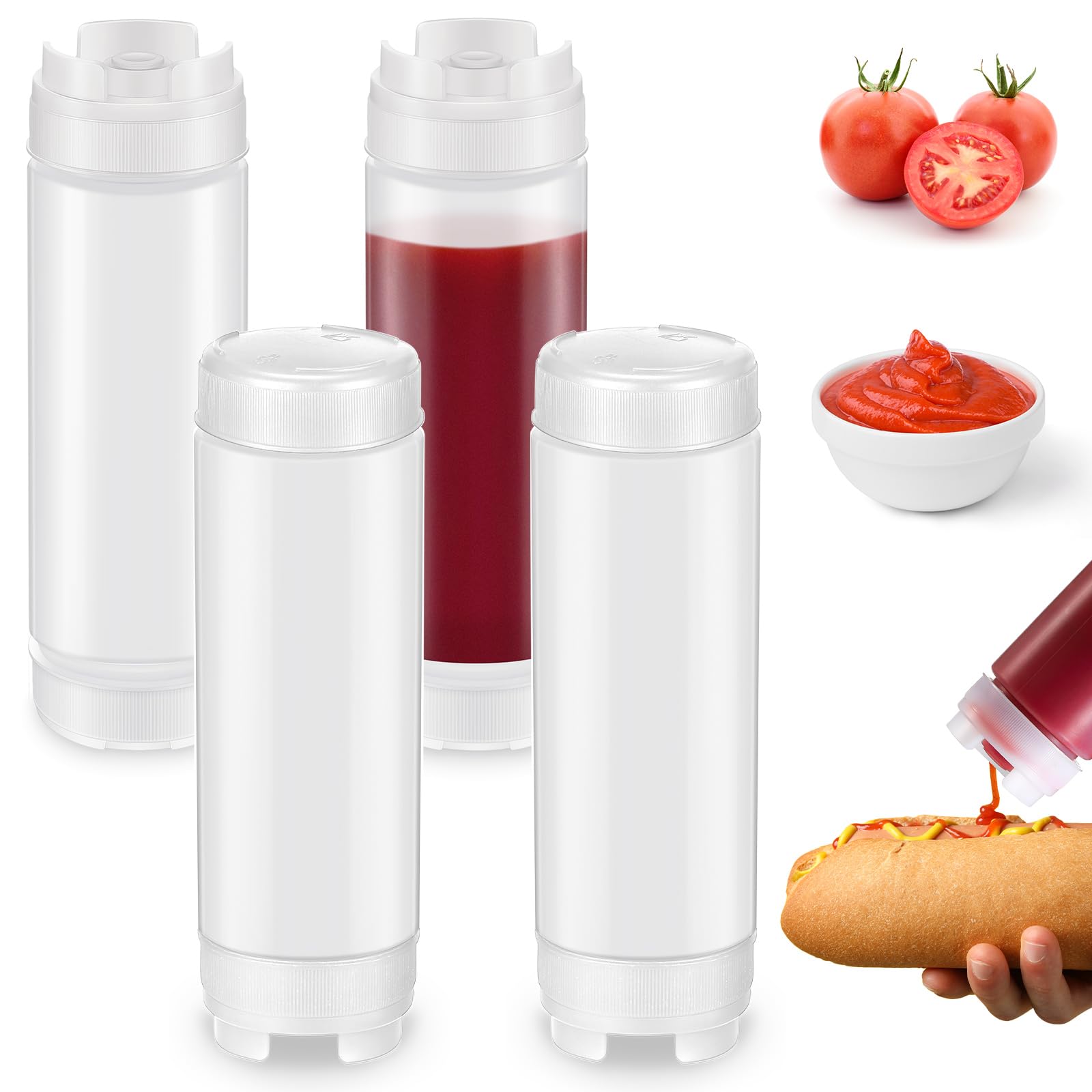 Didaey 4 Pcs Squeeze Bottles Refillable 20 oz, Inverted Plastic Tip Large Valve Dispenser Condiment Squeeze Bottle for Sauces Ketchup Sour Cream Self Sealing Syrup Dispenser for Restaurants (White)