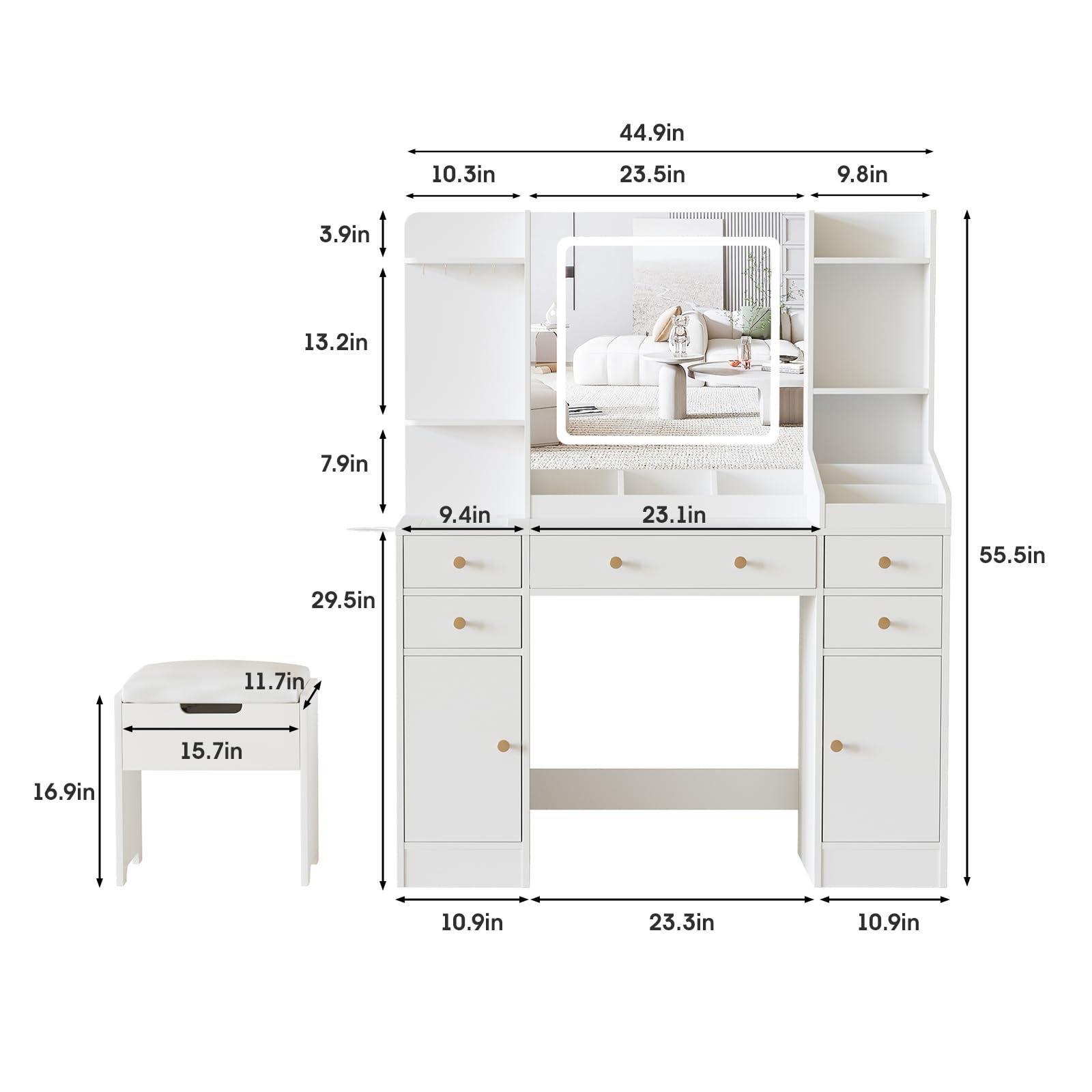 Vabches Vanity Desk with Lights, Makeup Vanity Table with Charging Station, 44.9in Big Vanity Set with 5 Drawers & Lots Storage Space, White