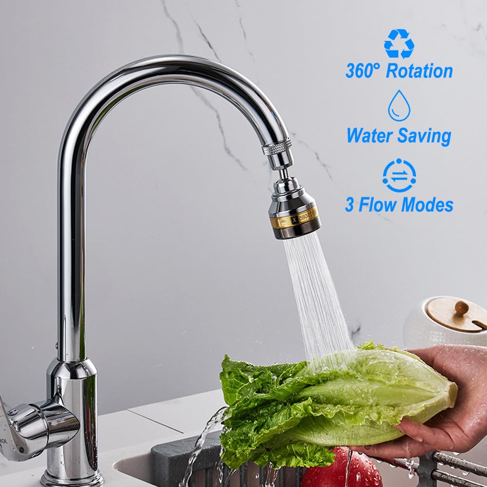 Meloyankoo Universal Kitchen Faucet Spray Head,Faucet Aerator,Stainless Steel and Solid Brass,360° Swivel Kitchen Sink Accessories,3 Flow Mode Adjustable,Anti-Splash,High Pressure Booster,Short