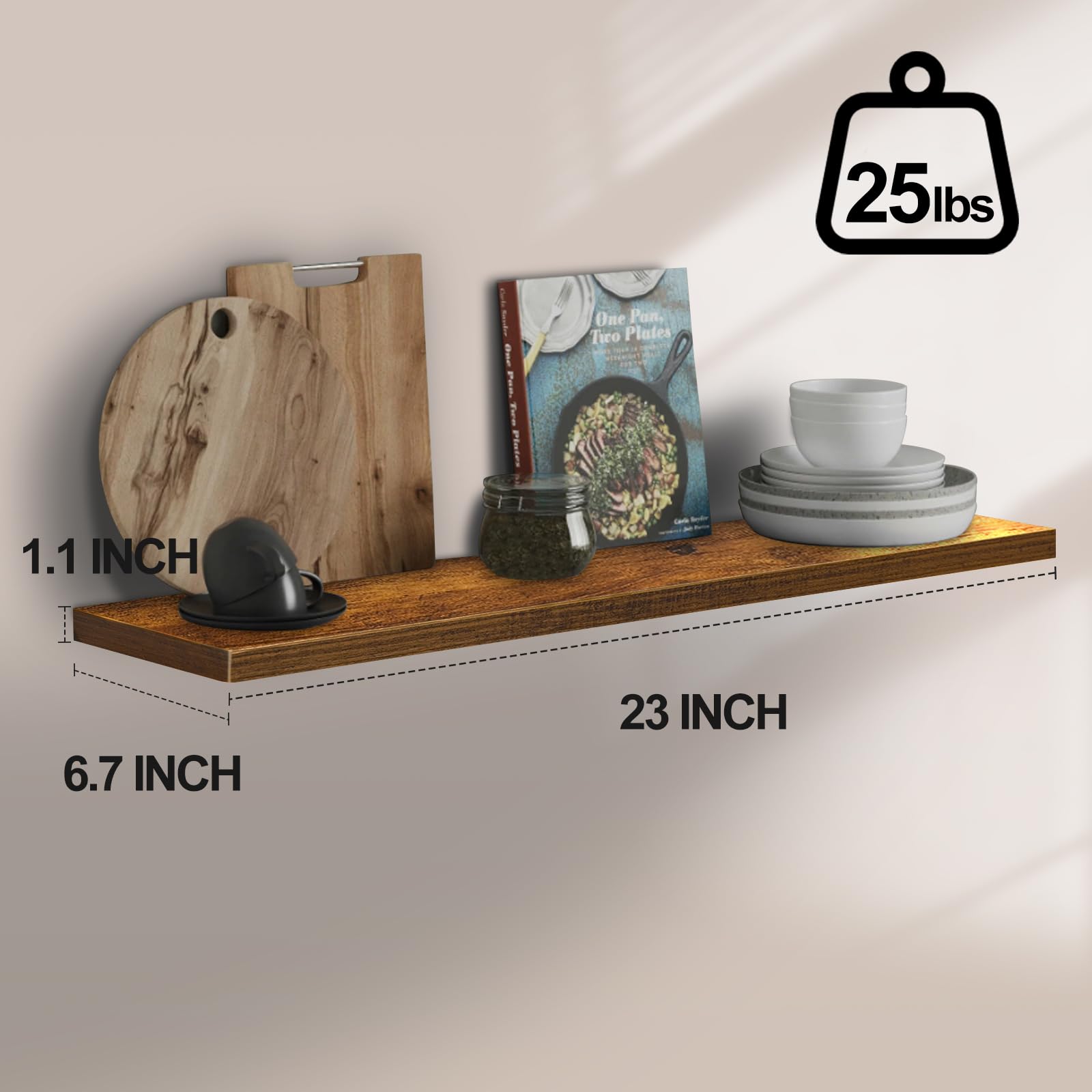 Floating Shelves 23 Inch Set of 2, Wall Mounted Rustic Wood Shelf for Wall Decor, Wall Shelves for Bathroom Storage, Bedroom Living Room Kitchen, Hanging Shelf Set, Brown