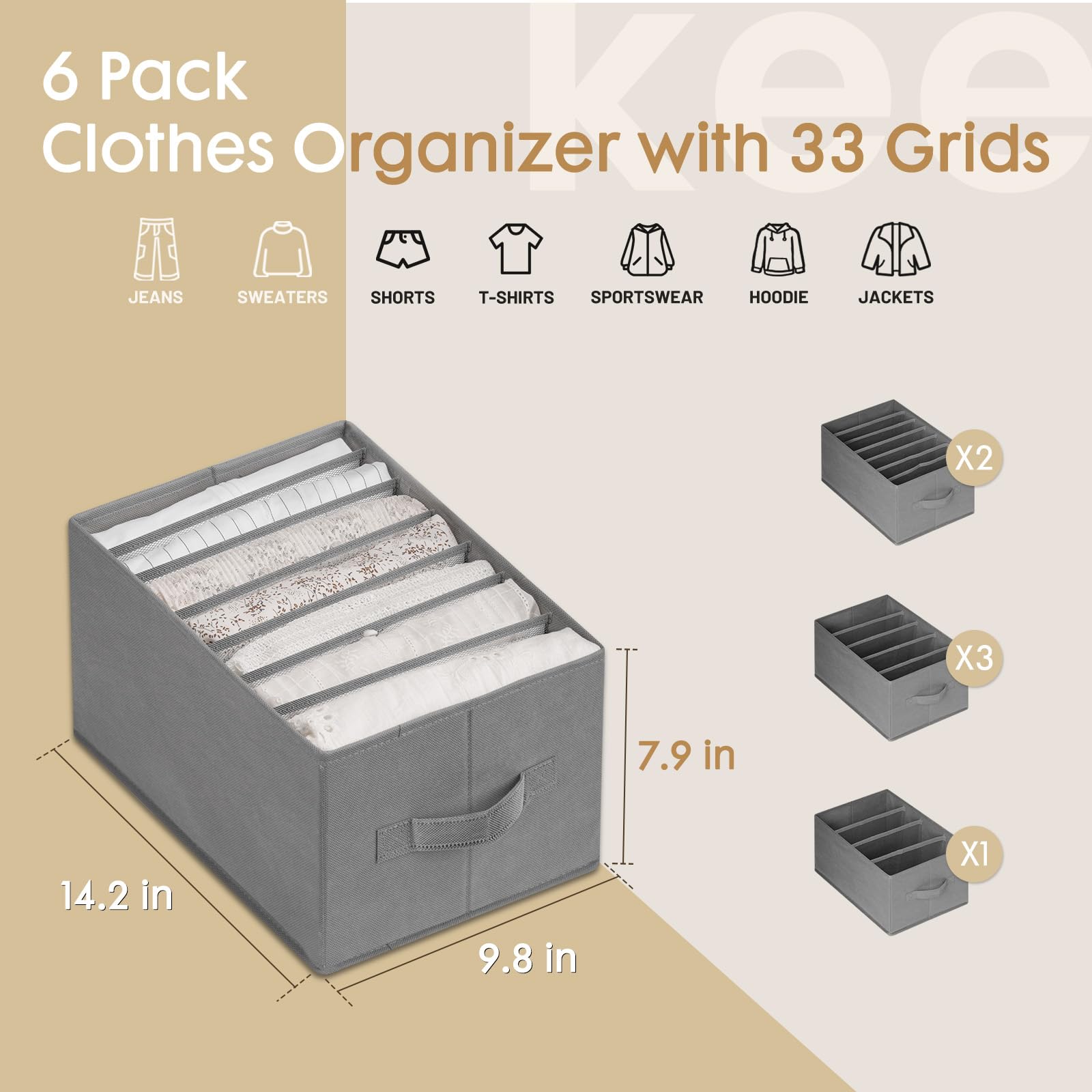 6 Pack Large Clothes Organizer, Wardrobe Closet Organizer and Storage with Handles, Foldable Fabric Closet Organizers Dividers for Clothing, Pants, Jeans, Sweater, T-shirts, Grey