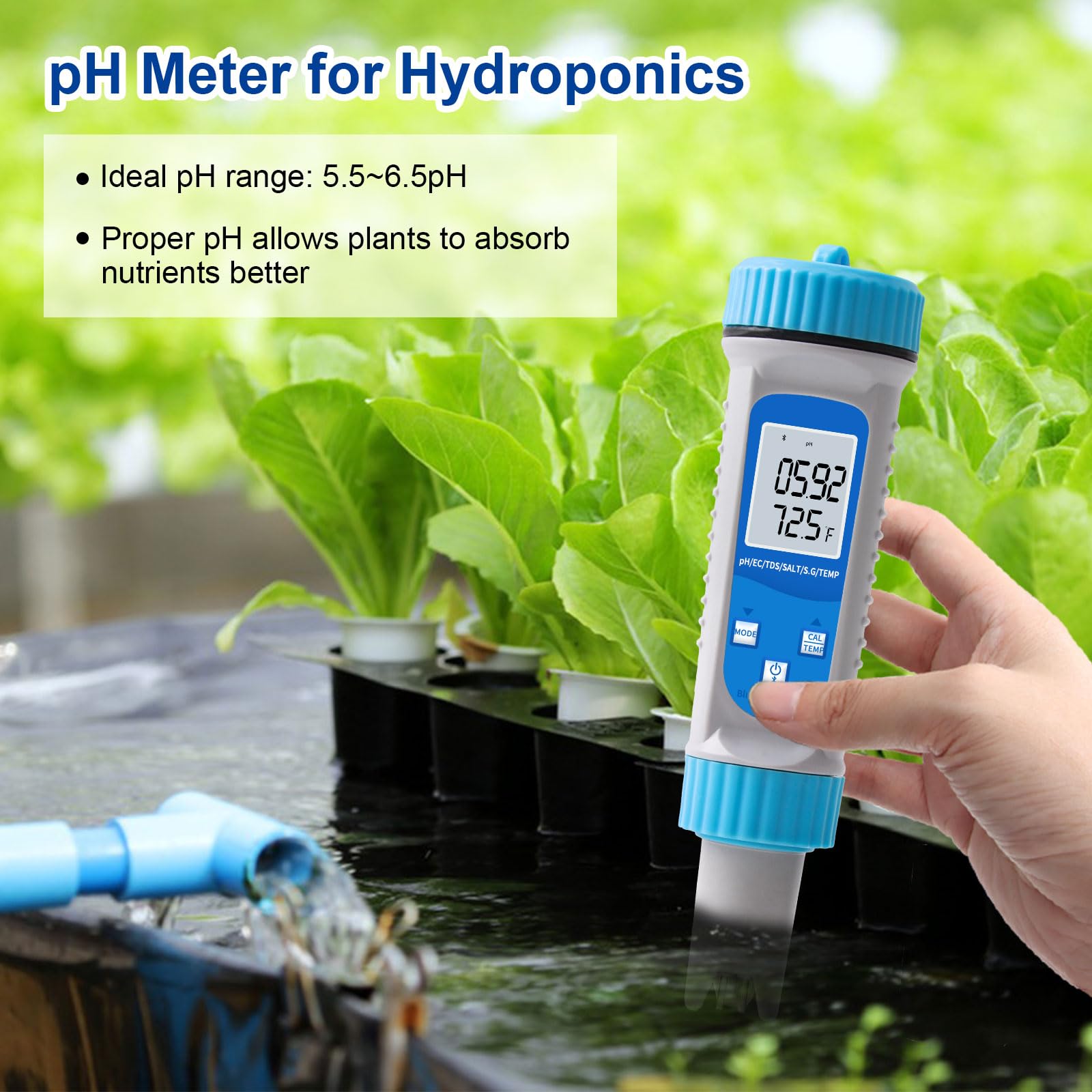 YIFAN pH Meter and EC Tester, Bluetooth Hydroponics EC PPM Meter, 6-in-1 DWC pH EC TDS Meter Digital Water Tester with ATC for Hydroponics Growing System, Agricultural Irrigation, Ponds, Aquarium