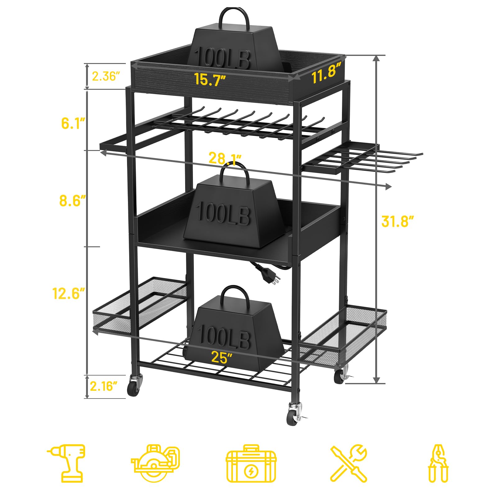 melos Power Tool Organizer Cart, Garage 4 Drill Shelf Rack, Power Tool Organizer with Charging Station, Tools organizer cart with wheels, Tool Box Utility Cart for Mechanic, Black