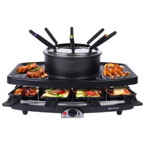 mavouse electric fondue pot sets with barbecue grill, electric lndoor raclette table grill for 8 people, adjustable temperature control and 8 paddles, perfect for parties and family fun