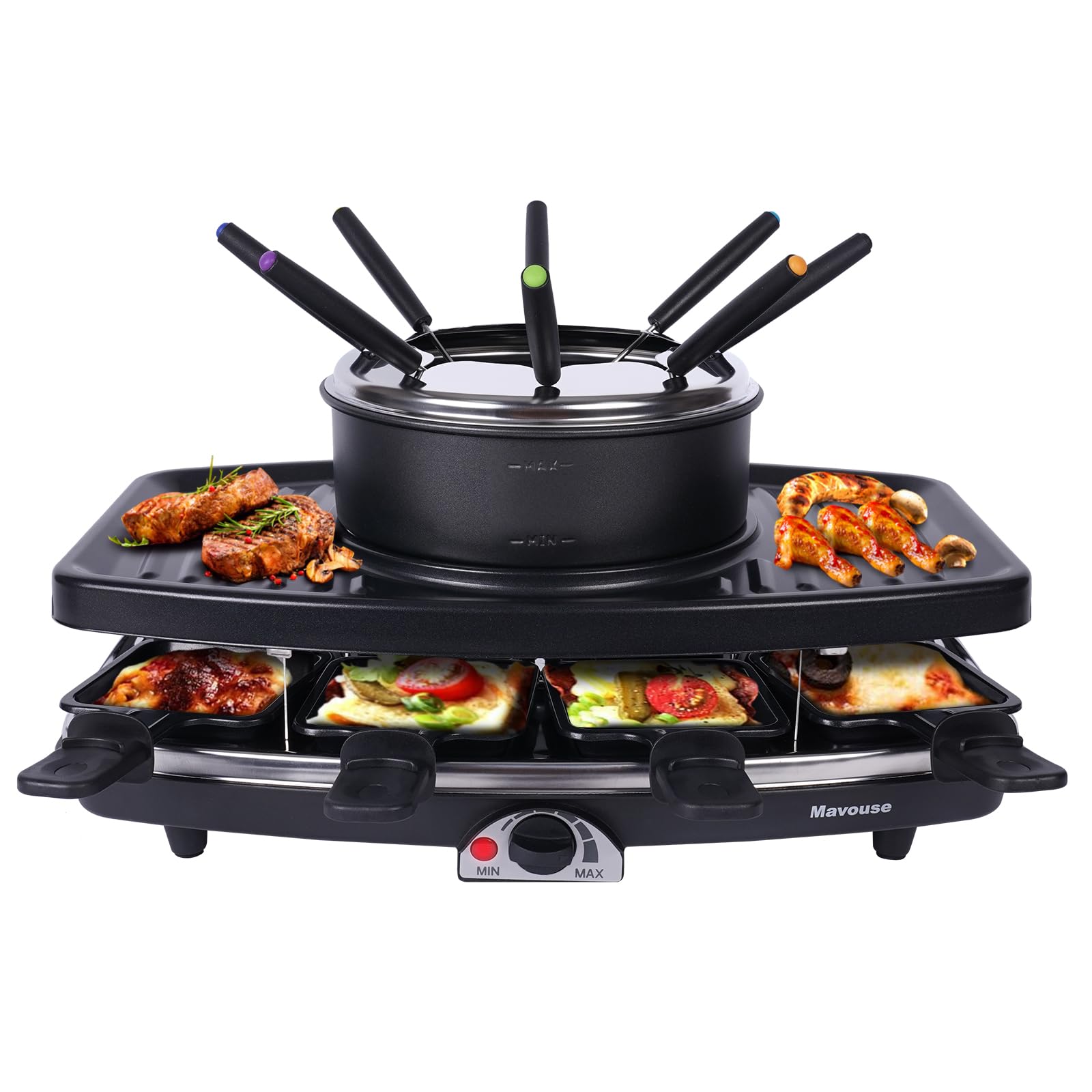 Mavouse Electric Fondue Pot Sets with Barbecue Grill, Electric lndoor Raclette Table Grill for 8 People, Adjustable Temperature Control and 8 Paddles, Perfect for Parties and Family Fun