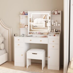 Vabches Vanity Desk with Lights, Makeup Vanity Table with Charging Station, 44.9in Big Vanity Set with 5 Drawers & Lots Storage Space, White