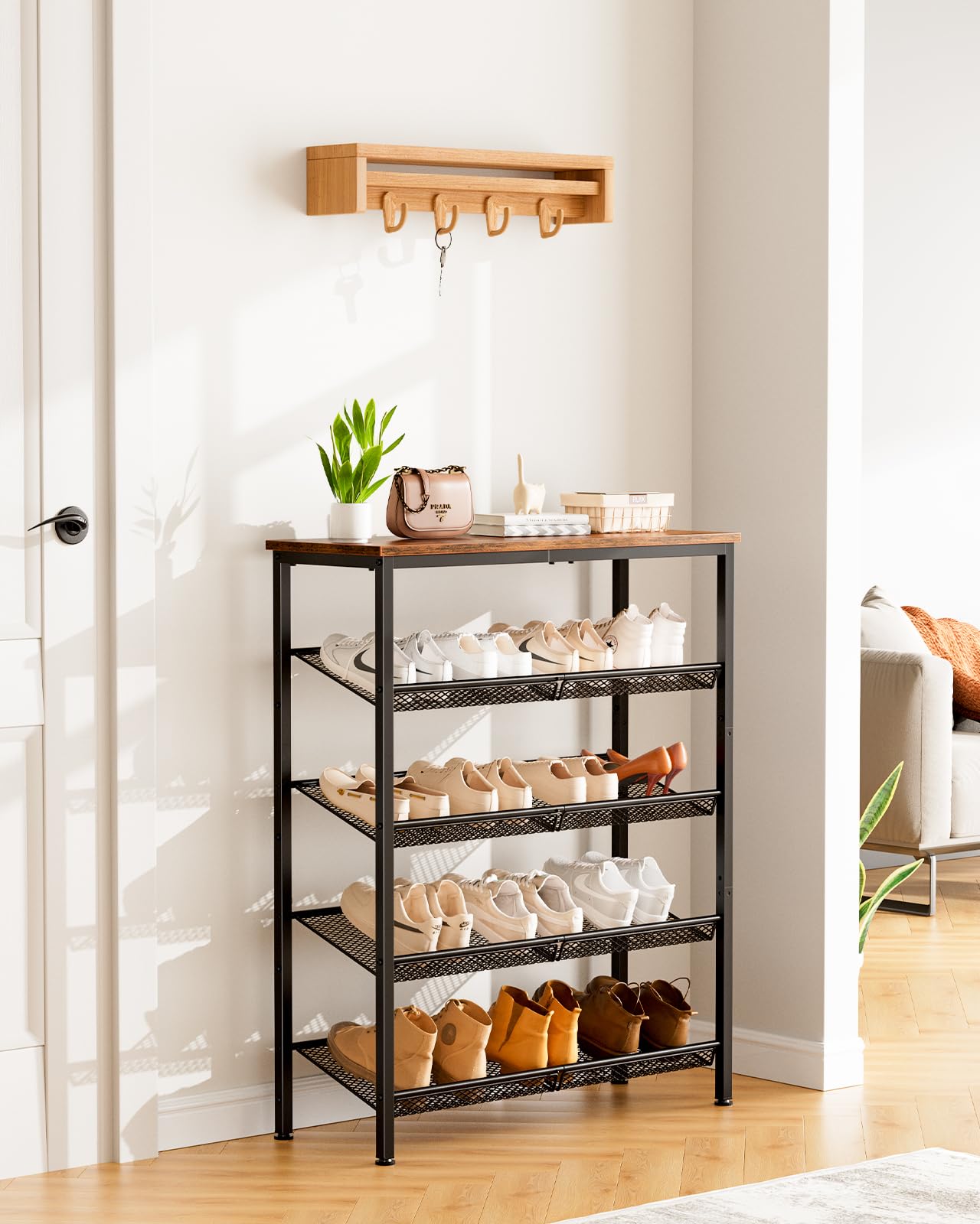 Pipishell 5-Tier Shoe Rack for Entryway and Small Spaces with Wooden Top & Metal Frames, Shoe Storage Organizer with Adjustable Storage Shelves, PISRB4V