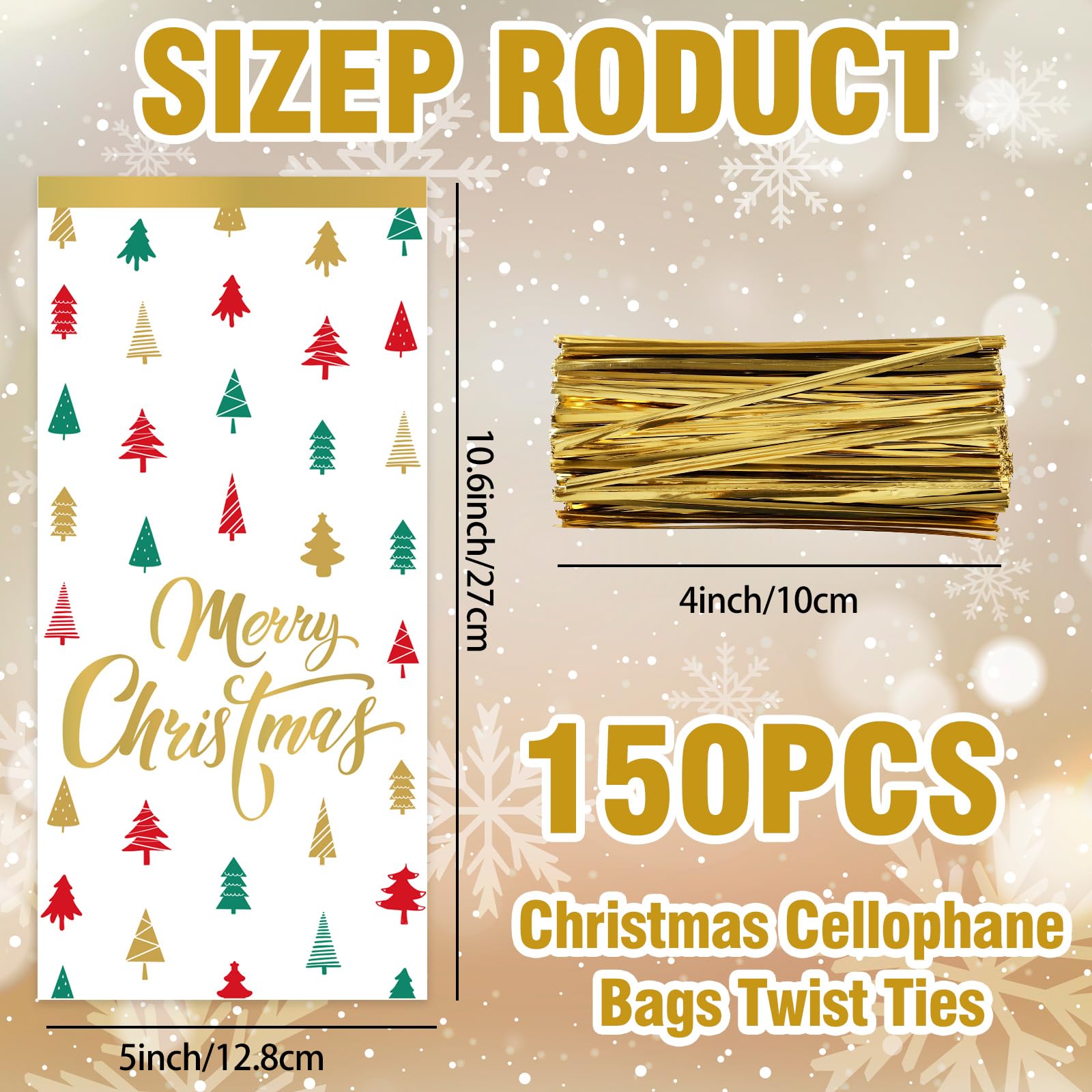 Whaline 150Pcs Christmas Cellophane Bags Red Green Gold Xmas Tree Print Candy Cookie Treat Bags Plastic Holiday Goodie Bags with Twist Tie