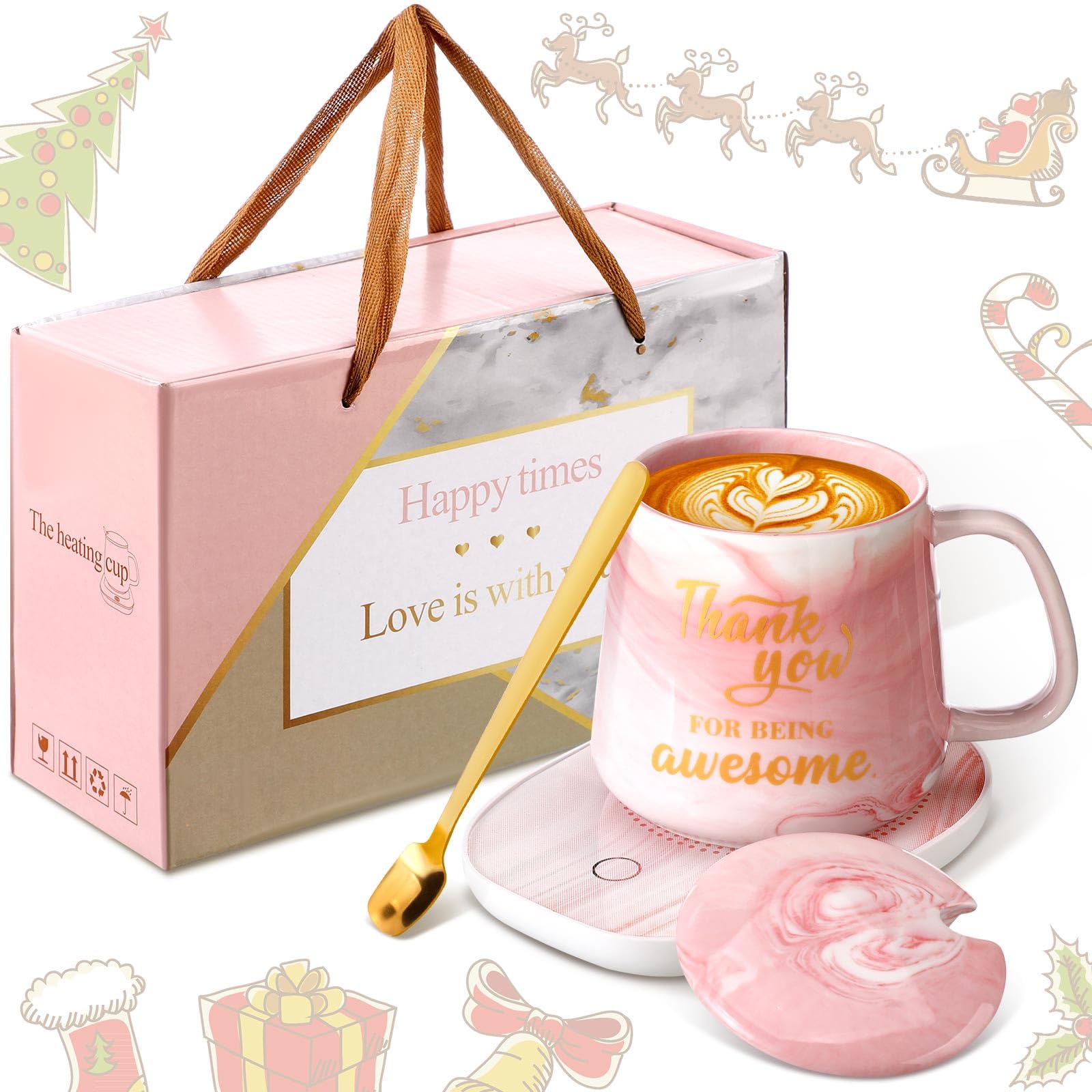 Nitial Thank You Coffee Warmer with Mug Set for Women Pink Marble Mug Warming Plate Employee Appreciation Gifts Birthday Gift Valentine's Day Gifts for Coworker Volunteer Teacher