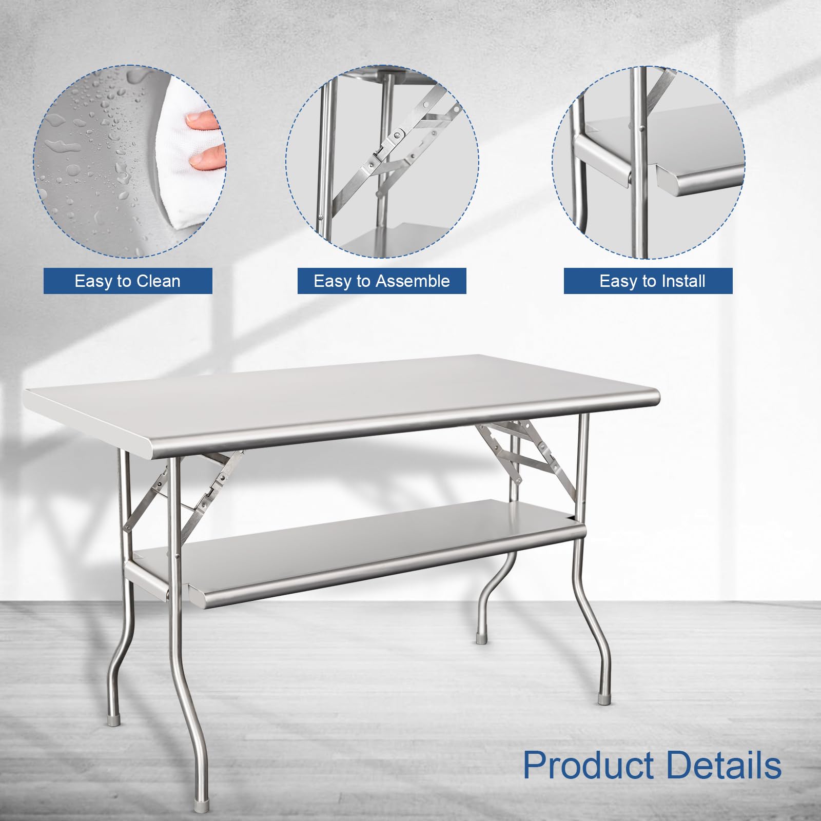 HARDURA Folding Stainless Steel Table 30X48 Inches with Adjustable Undershelf and Galvanized Legs NSF Commercial Portable Folding Prep Table for Restaurant Kitchen Home and Hotel