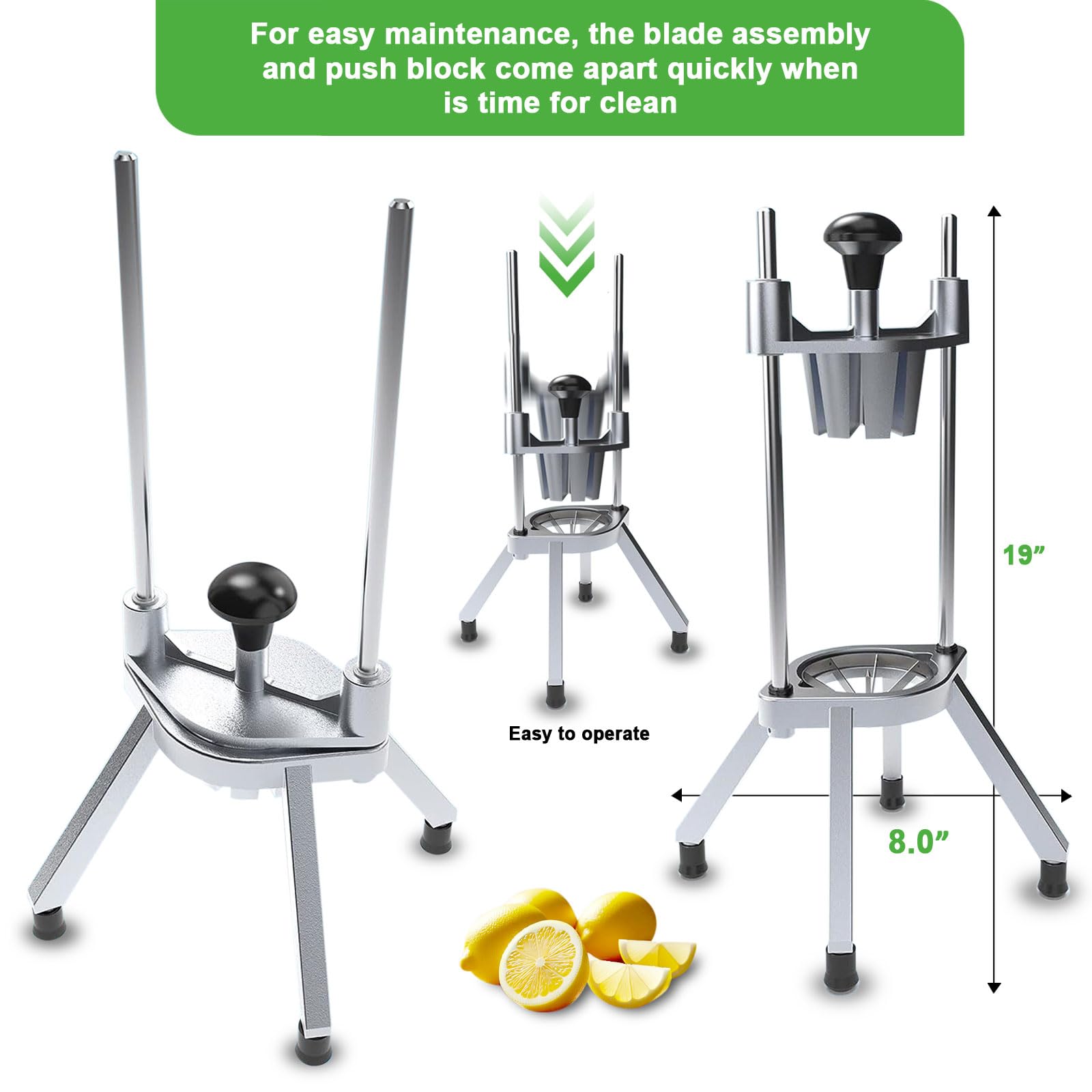 Commercial Lemon Cutter 8-Section with V-Shaped 420 Stainless Steel Blades，Easy Wedger Stainless Steel Blade Fruit Lime Slicer NSF Certified Easy-to-Use for Bar Restaurant (8-Section)