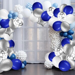 Sratte 60pcs Balloons Kit 12 Inch Confetti Balloons with 2 Rolls Ribbon Latex Balloon Party Favor Metallic Balloons for Birthdays Baby Shower Wedding Graduation Decorations (Royal Blue, White, Silver)