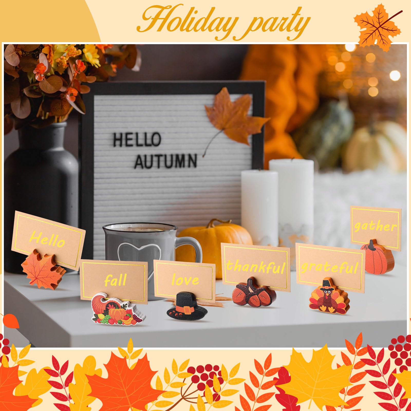 Tradder 18 Pcs Fall Pumpkin Place Card Holders with Gold Foil Card Harvest Thanksgiving Mini Pumpkin Name Card Photo Picture Stand Holder for Fall Thanksgiving Decorations Wedding(Turkey)