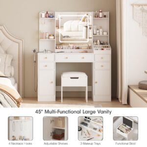 Vabches Vanity Desk with Lights, Makeup Vanity Table with Charging Station, 44.9in Big Vanity Set with 5 Drawers & Lots Storage Space, White