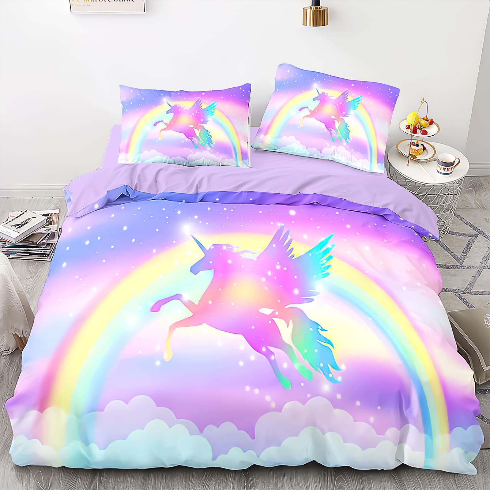 Unicorn Kids Comforter Bedding Set 5 Piece Super Soft Breathable Print Kids Bedding Sets for Girls, Washable Durable Comforter Set with Comforter, Shams, Sheet, 2 Pillowcases (Purple Unicorn)