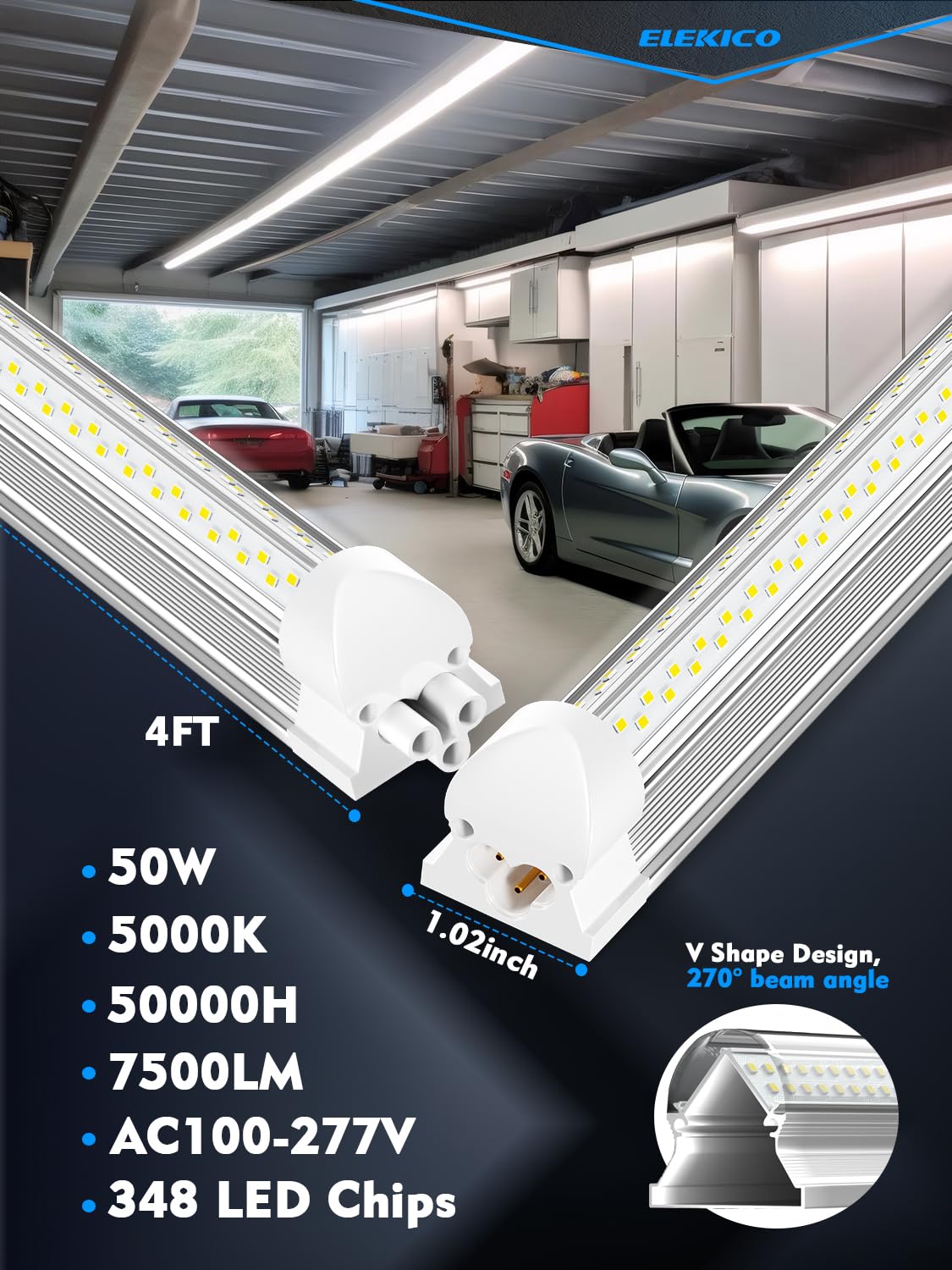 ELEKICO 6 Pack 50w 4ft Led Shop Light, Super Bright 7500lm 5000k V Shape 4' Led Shop Lights, Linkable 4 Foot Led Shop Lights for Garage Warehouse, Supermarket, Basement, Barn, Storage Area