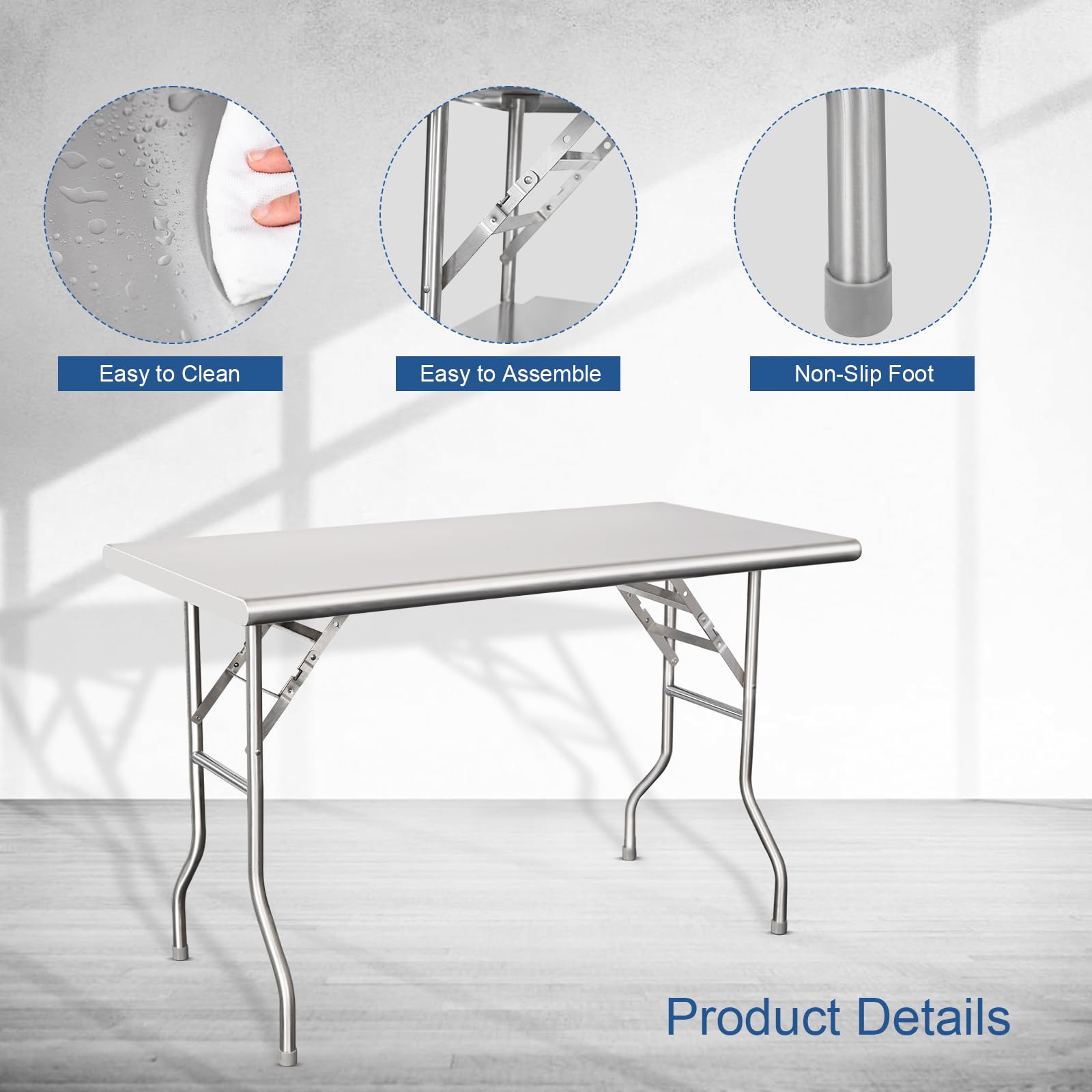 HARDURA Folding Stainless Steel Table 24X48 Inches with Galvanized Legs NSF Commercial Portable Folding Prep Table for Restaurant Kitchen Home and Hotel