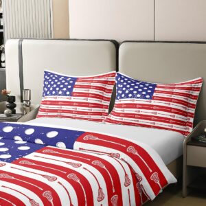 100% Nature Cotton Boys Sports Theme Duvet Cover,Hand Draw Lacrosse Sticks Ball Bedding Set for Beedroom Decor,Retro American Flag Blue Red White All Season Bedding with Zipper Closure Queen Size