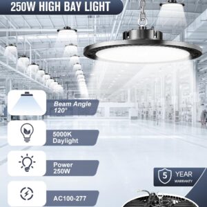 ELEKICO Super Bright 250w UFO LED High Bay Light 35000lm with Plug 5ft Cable (Eqv.1000w Mh/Hps/Hid),5000k High Bay Led Shop Lights Garage Lighting for Garage Factory Workshop Warehouse Barn -6pack