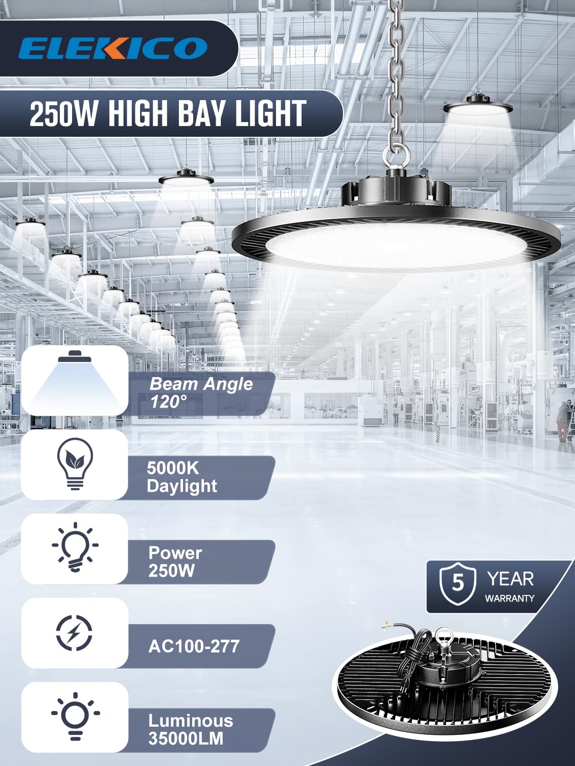 ELEKICO Super Bright 250w UFO LED High Bay Light 35000lm with Plug 5ft Cable (Eqv.1000w Mh/Hps/Hid),5000k High Bay Led Shop Lights Garage Lighting for Garage Factory Workshop Warehouse Barn -6pack