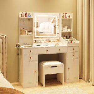 Vabches Vanity Desk with Lights, Makeup Vanity Table with Charging Station, 44.9in Big Vanity Set with 5 Drawers & Lots Storage Space, White