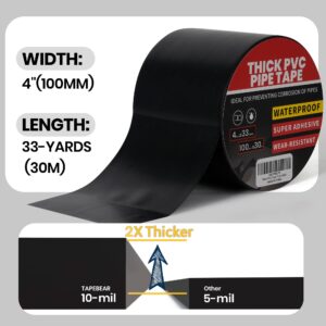 TAPEBEAR Corrosion Protection Pipe Tape, 10mil Pipe Wrap Tape for Drain Pipe, Metal Electrical Outdoor Underground Pipe, Waterproof PVC Black Tape Thicker for Hose Leak Proof, 4Inch x 33Yard