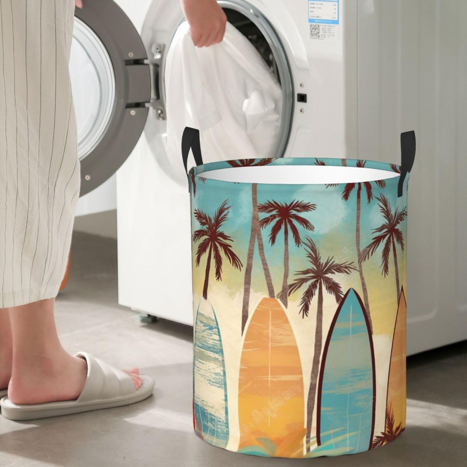 Surfboard Palm Tree Print Laundry Basket Waterproof Laundry Hamper With Handles Large Dirty Clothes Hamper For Dorm Family Travel Medium