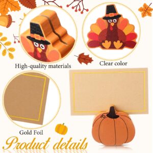 Tradder 18 Pcs Fall Pumpkin Place Card Holders with Gold Foil Card Harvest Thanksgiving Mini Pumpkin Name Card Photo Picture Stand Holder for Fall Thanksgiving Decorations Wedding(Turkey)