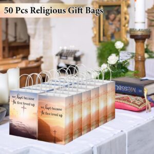 Zhanmai 50 Pcs Christian Gift Bags with Handles 5.91 x 3.15 x 8.27 Inches Church Welcome Bags We Love Because He First Loved Us Religious Paper Gift Bags for Thanksgiving Christmas Church Baptism