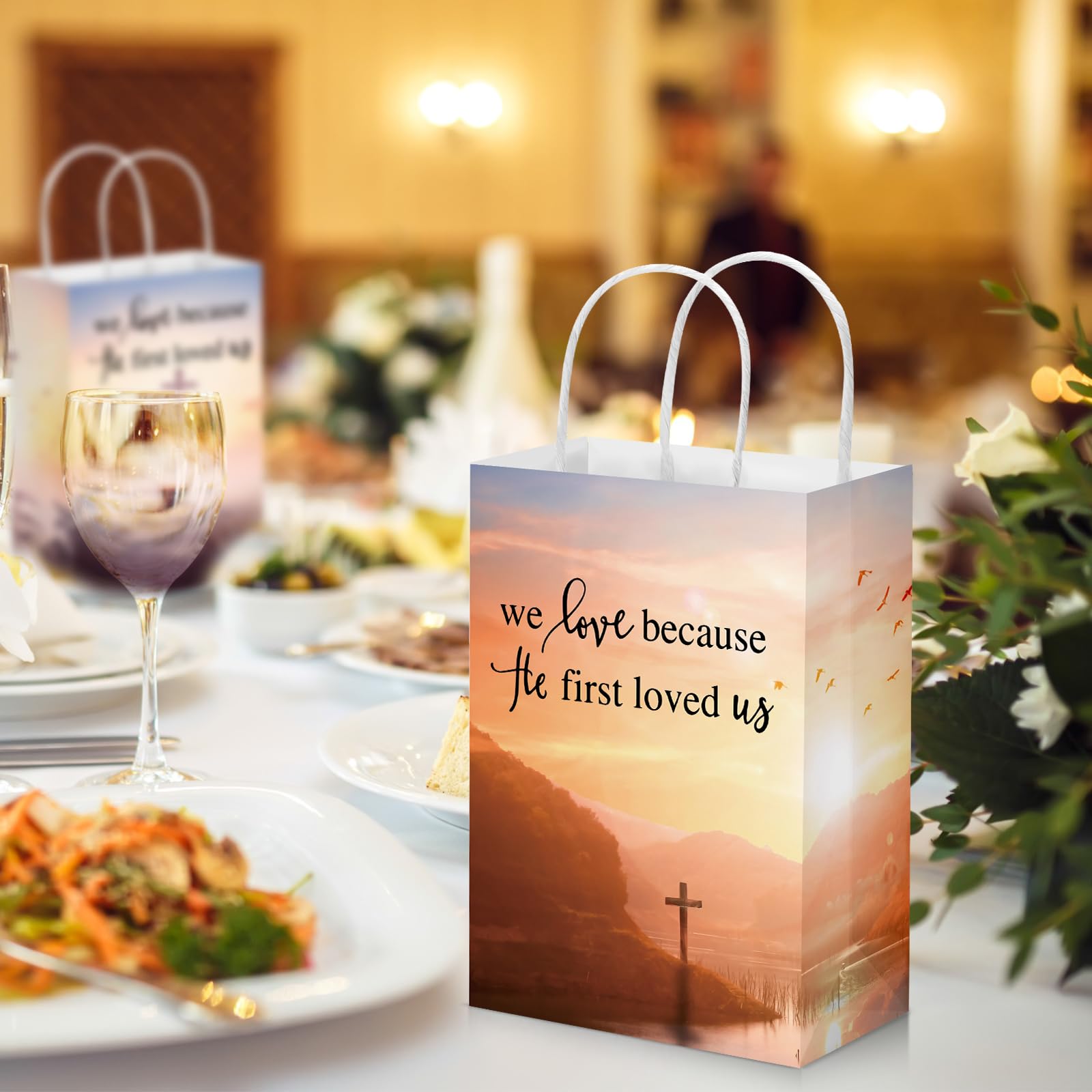 Zhanmai 50 Pcs Christian Gift Bags with Handles 5.91 x 3.15 x 8.27 Inches Church Welcome Bags We Love Because He First Loved Us Religious Paper Gift Bags for Thanksgiving Christmas Church Baptism