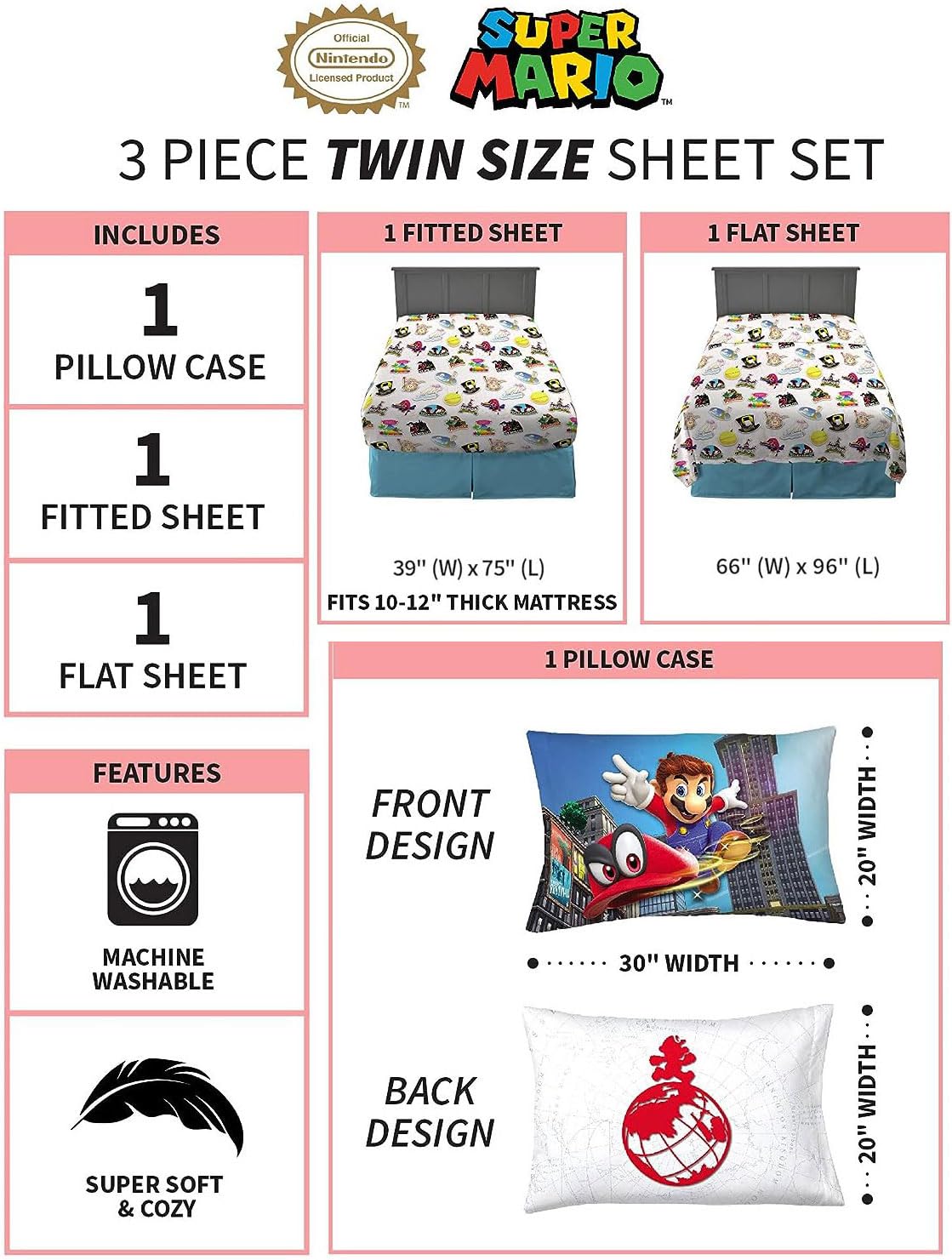 Super Mario Around The World 3-Piece Twin Sheet Set