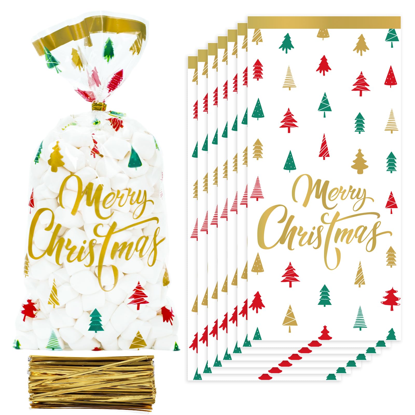 Whaline 150Pcs Christmas Cellophane Bags Red Green Gold Xmas Tree Print Candy Cookie Treat Bags Plastic Holiday Goodie Bags with Twist Tie