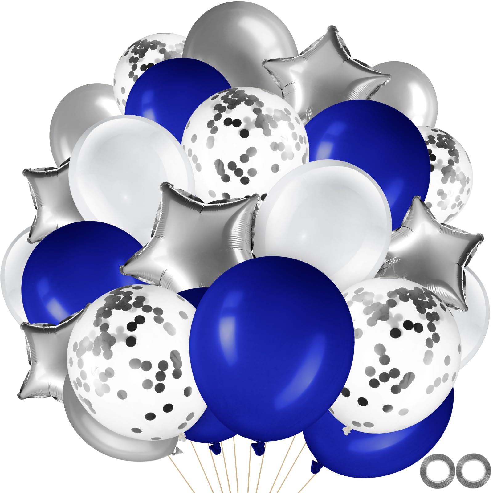 Sratte 60pcs Balloons Kit 12 Inch Confetti Balloons with 2 Rolls Ribbon Latex Balloon Party Favor Metallic Balloons for Birthdays Baby Shower Wedding Graduation Decorations (Royal Blue, White, Silver)