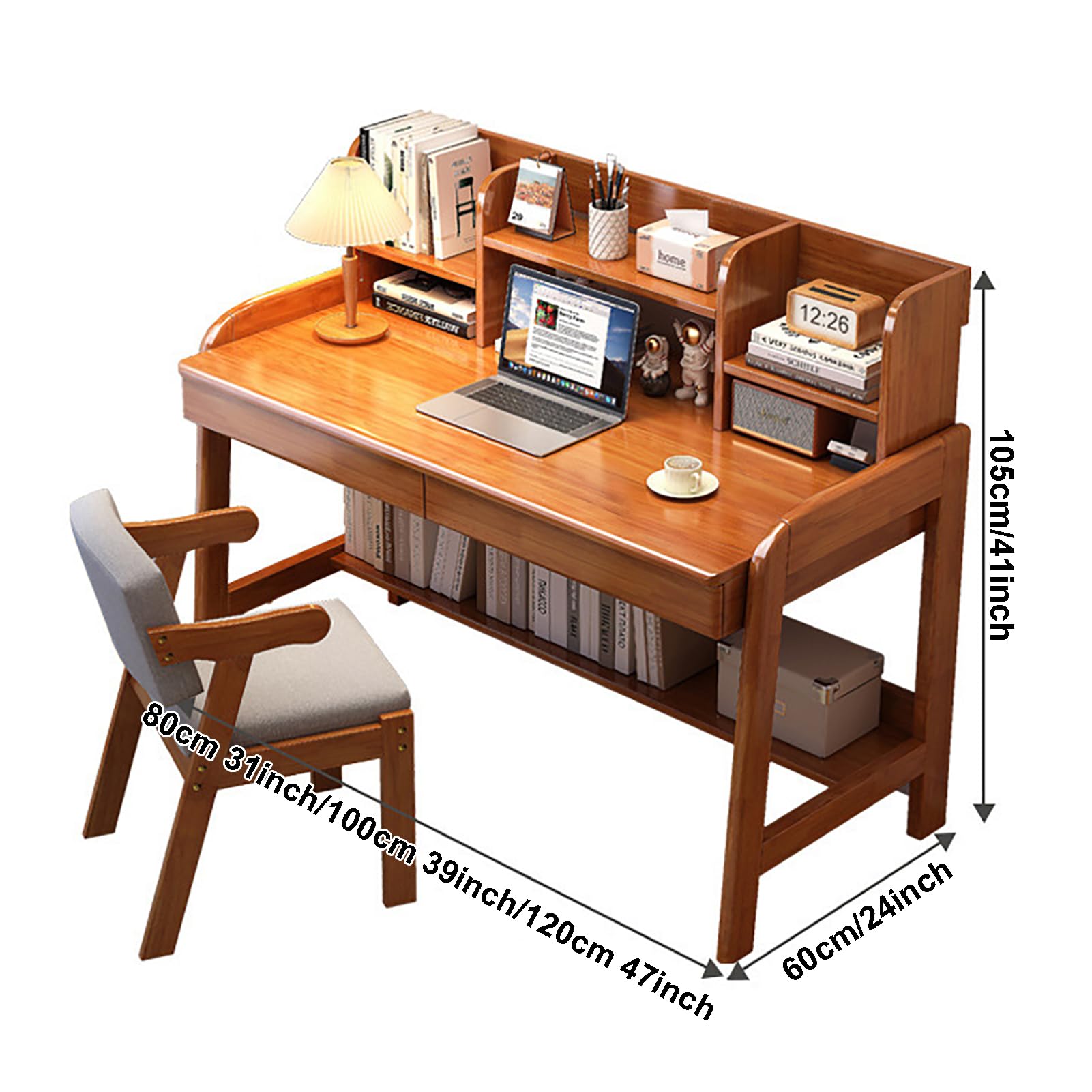 Solid Wood Writing Desk, Mid-Century Modern Computer Desk with Hutch and 2 Drawers,Simple Study Table Home Office Workstation with Open Storage Shelf(80x60x105cm(31x24x41in), Wood)