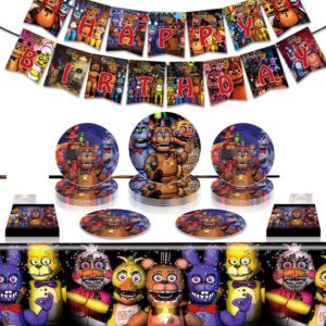 42pcs/set theme birthday five nights freddy party supplies banners, 20 plates, 20 napkins, and 1 tablecover for birthday party decorations for boys and girls baby shower