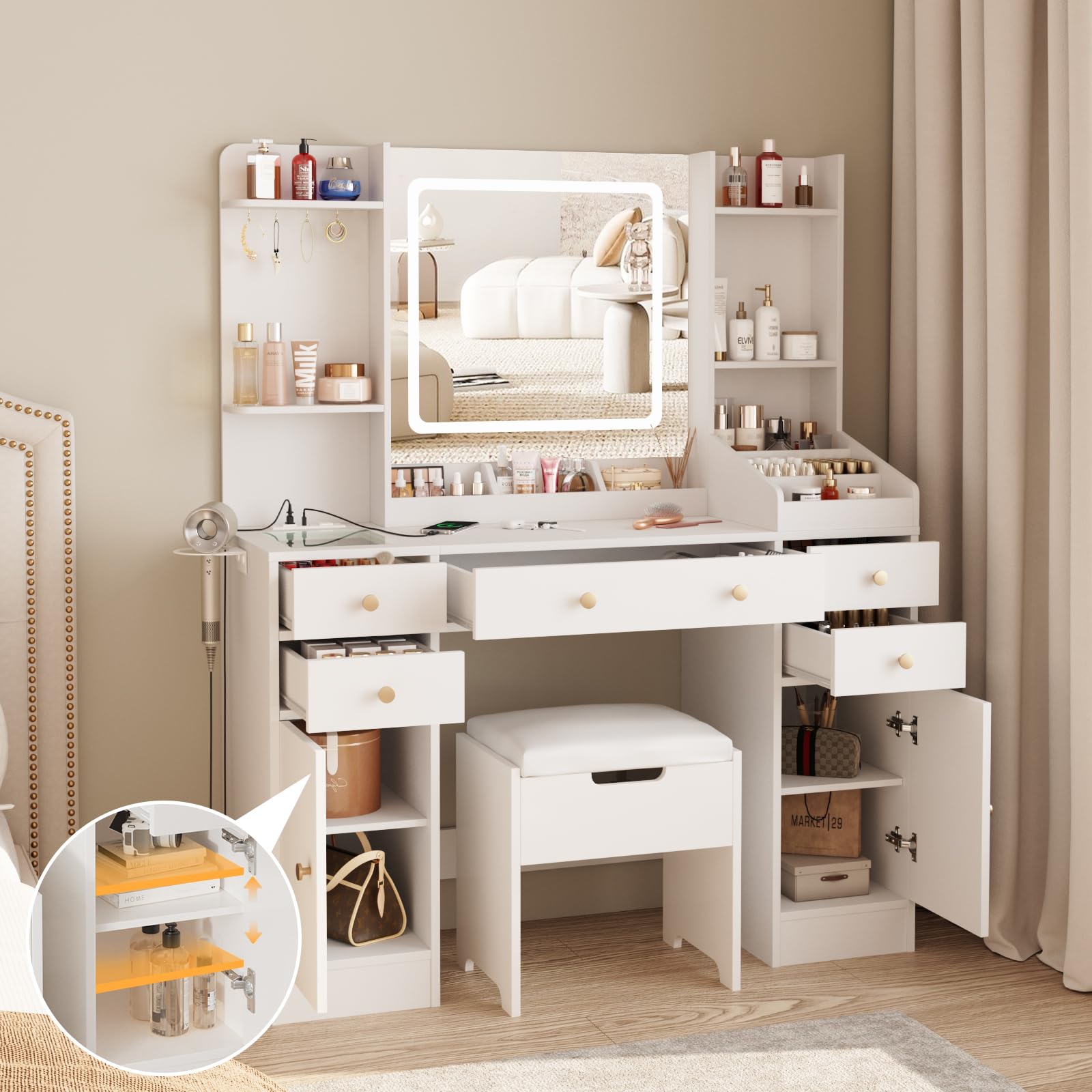 Vabches Vanity Desk with Lights, Makeup Vanity Table with Charging Station, 44.9in Big Vanity Set with 5 Drawers & Lots Storage Space, White