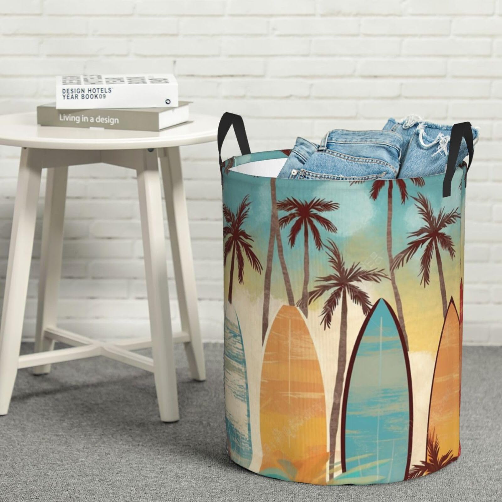 Surfboard Palm Tree Print Laundry Basket Waterproof Laundry Hamper With Handles Large Dirty Clothes Hamper For Dorm Family Travel Medium