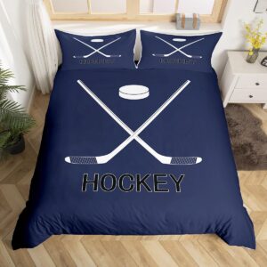 ice hockey duvet cover queen, ball sports gaming bedding set ice hockey gifts for boys, equipments stick and puck comforter cover winter sports games quilt cover with 2 pillow cases, dark blue