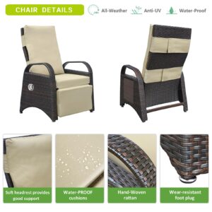 Skypatio Indoor/Outdoor Wicker Recliner Chair, Adjustable Backrest Patio Recliner Lounge Chair with Flip Side Table, Footrest and Soft Cushion(Khaki)