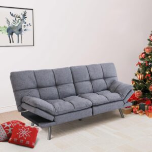 hcore convertible splitback futon sofa bed for living room, office, apartment - memory foam sleeper loveseat, modern small couch in grey