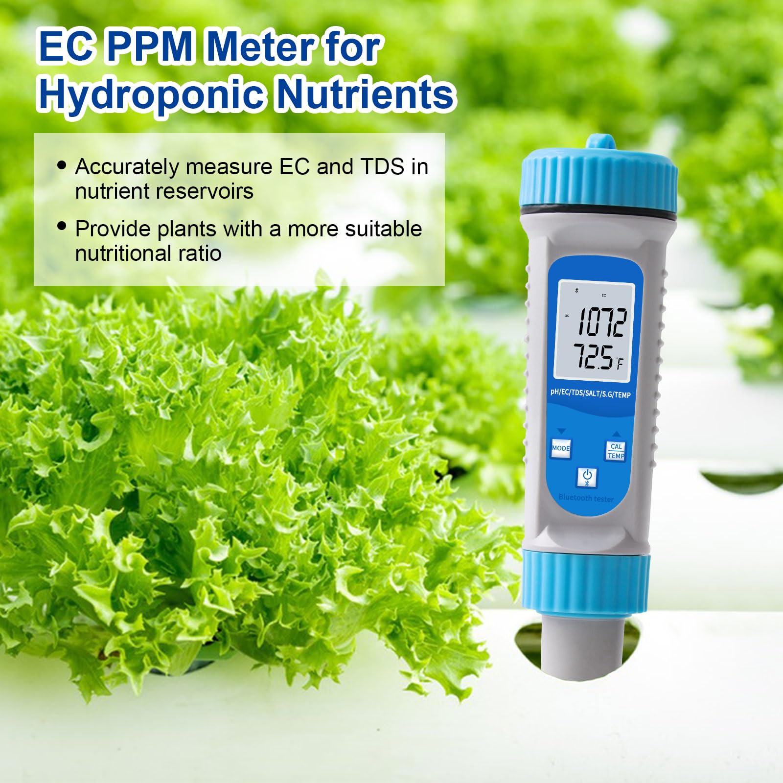 YIFAN pH Meter and EC Tester, Bluetooth Hydroponics EC PPM Meter, 6-in-1 DWC pH EC TDS Meter Digital Water Tester with ATC for Hydroponics Growing System, Agricultural Irrigation, Ponds, Aquarium