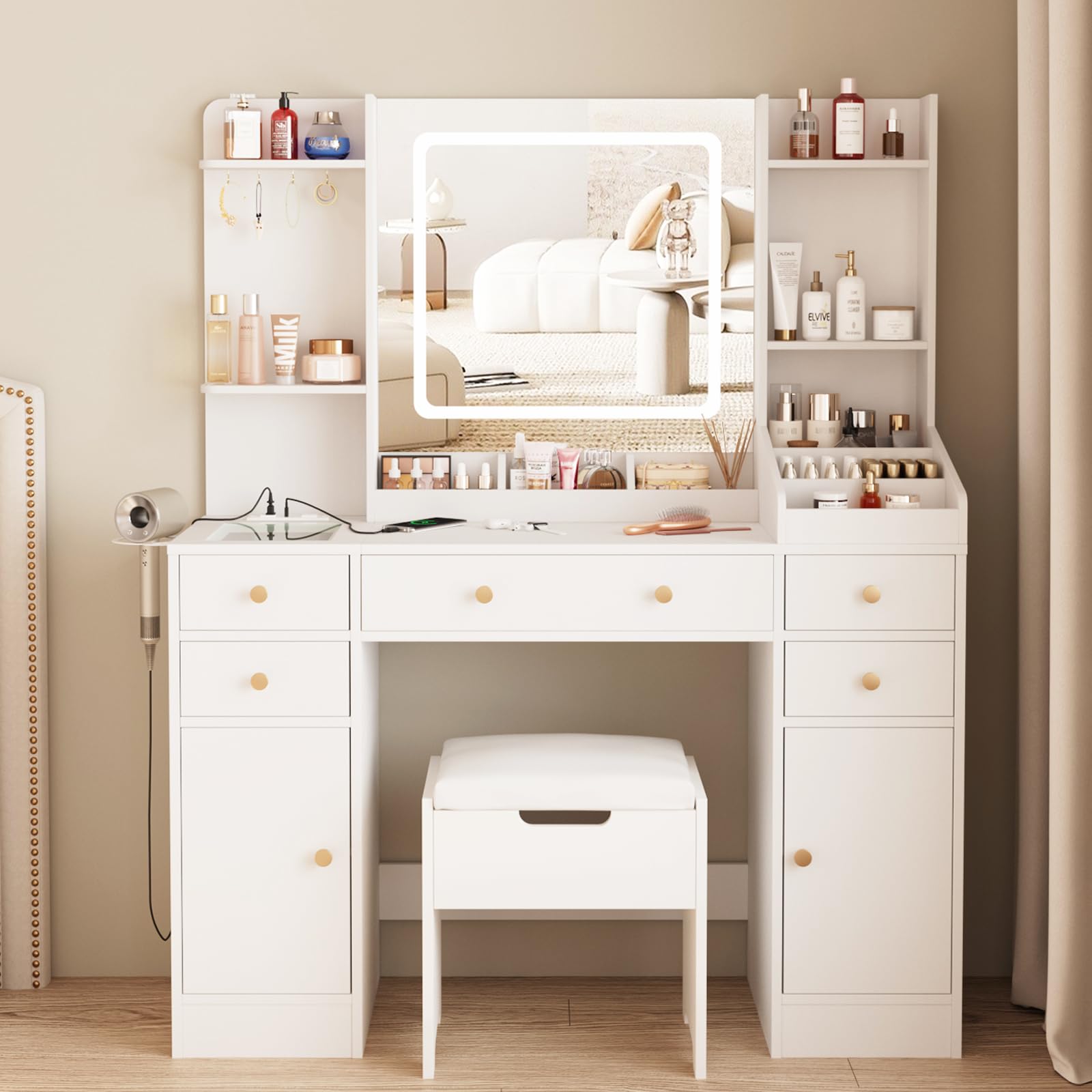 Vabches Vanity Desk with Lights, Makeup Vanity Table with Charging Station, 44.9in Big Vanity Set with 5 Drawers & Lots Storage Space, White