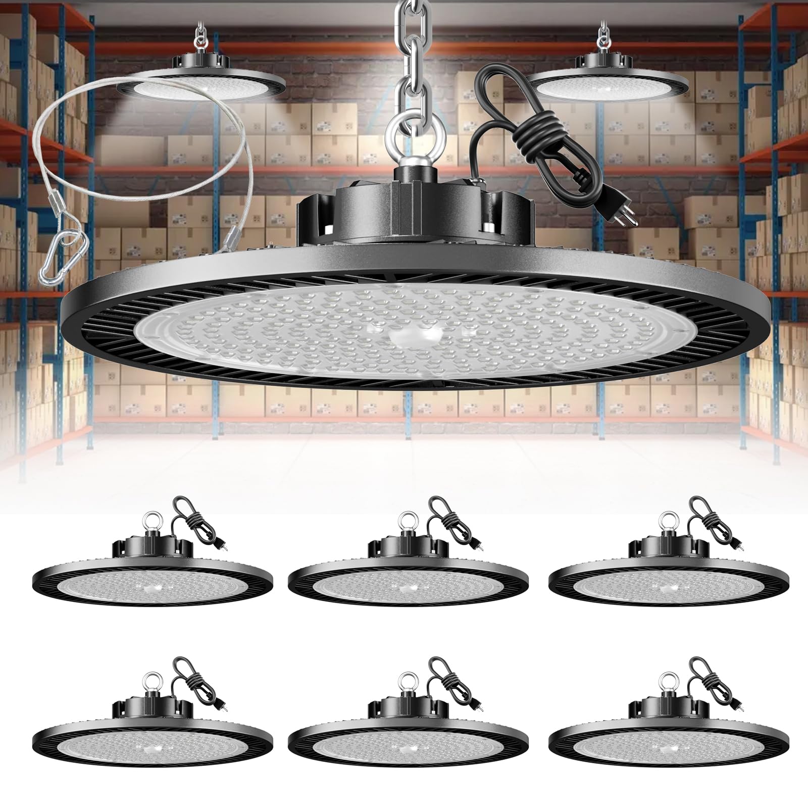 ELEKICO Super Bright 250w UFO LED High Bay Light 35000lm with Plug 5ft Cable (Eqv.1000w Mh/Hps/Hid),5000k High Bay Led Shop Lights Garage Lighting for Garage Factory Workshop Warehouse Barn -6pack